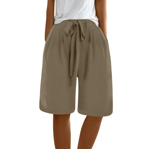 Prolriy Bermuda Shorts for Women Ladies Casual Pocket Thin Outer Wear Elastic Belt in Trousers Large Size Loose Pants Women's Shorts Dark Gray S