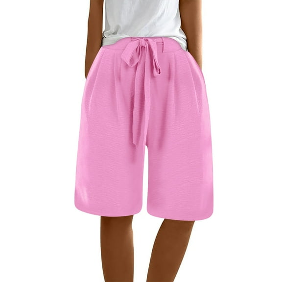 Prolriy Bermuda Shorts for Women Ladies Casual Pocket Thin Outer Wear Elastic Belt in Trousers Large Size Loose Pants Women's Shorts Hot Pink S