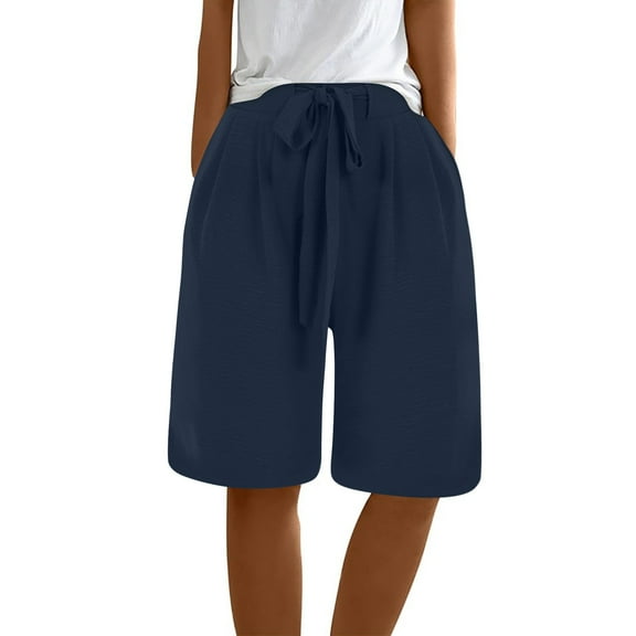 Prolriy Bermuda Shorts for Women Ladies Casual Pocket Thin Outer Wear Elastic Belt in Trousers Large Size Loose Pants Women's Shorts Navy S