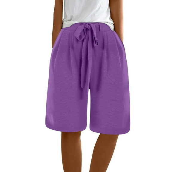 Prolriy Bermuda Shorts for Women Ladies Casual Pocket Thin Outer Wear Elastic Belt in Trousers Large Size Loose Pants Women's Shorts Purple L