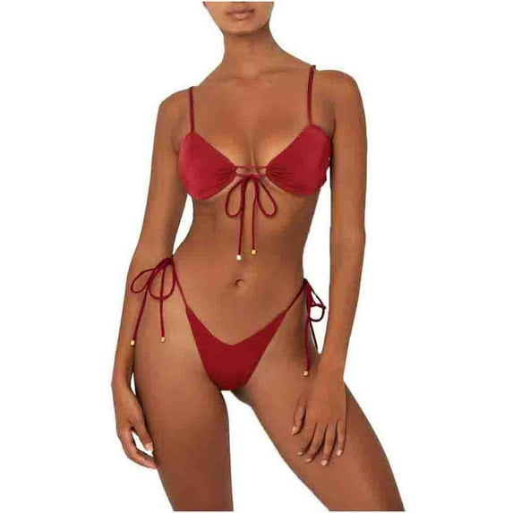 Prolriy Bikini Sets for Women Swimsuit Women's Bikini Beachwear Fashion Split Summer Swimwear Print Swimwears Tankinis Set Womens Swimsuits Wine M