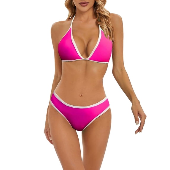 Prolriy Bikini Sets for Women, Women's Fashion Color Block Bikini Swimsuit Set with Padded Pads Womens Swimsuits Hot Pink S