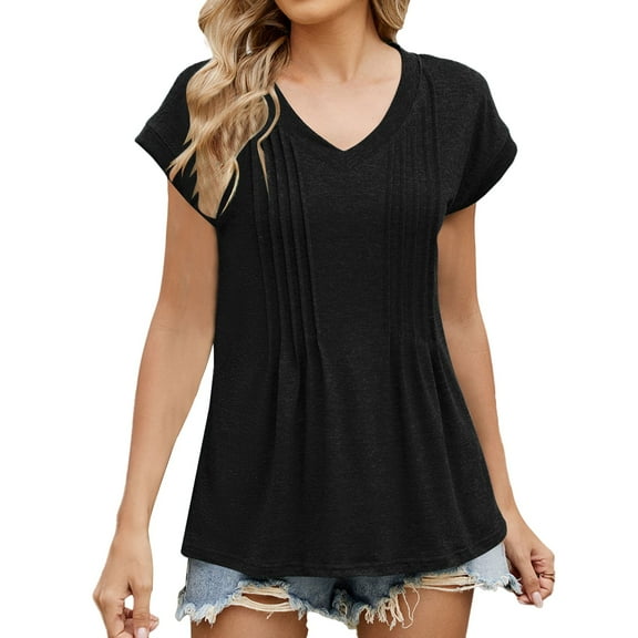 Prolriy Business Casual Tops for Women, Womens Tops Casual Summer Sleeve T Shirts Trendy Ruffle Short Sleeve Loose V Neck Tunic Tops Shirts for Women Black M