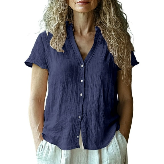 Prolriy Button down Shirts for Women, Women's Casual Short Sleeve Regular Cardigan Top Shirt Boho Tops for Women Dark Blue S