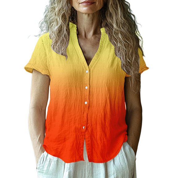 Prolriy Button down Shirts for Women, Women's Casual Short Sleeve Regular Cardigan Top Shirt Boho Tops for Women Orange S