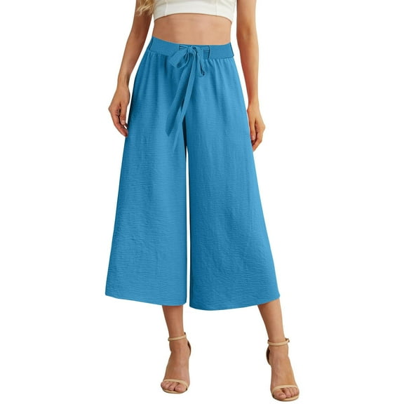 Prolriy Capri Pants for Women Flowy Linen Pants Women Wide Leg Pants Woman Tie Knot Pants Loose Beach Pants High Waisted Trousers with Pockets Women's Pants Light Blue S