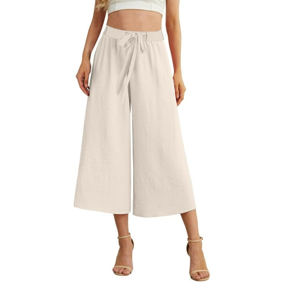 Prolriy Capri Pants for Women Flowy Linen Pants Women Wide Leg Pants Woman Tie Knot Pants Loose Beach Pants High Waisted Trousers with Pockets Women's Pants White2 S