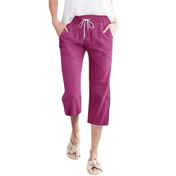 Prolriy Capri Pants for Women, Women High Waisted Wide Leg Pants Fashion Drawstring Elastic Trousers Comfy Straight Leg Long Pants with Pockets Women's Pants Hot Pink L