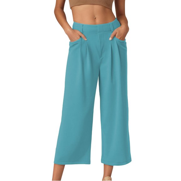 Prolriy Capri Pants for Women Ladies Summer Solid Color Set Fashion 7 Point Wide Leg Pants Women's Pants Sky Blue S