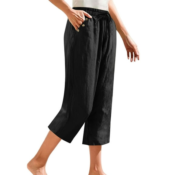 Prolriy Capri Pants for Women Linen Pants Petite Summer Casual Cotton Straight Leg Cropped Pants with Button Pockets Women's Pants Black S