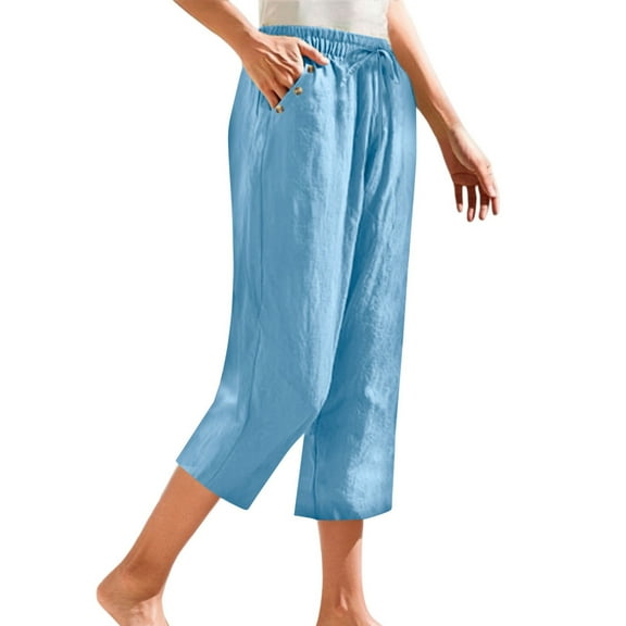 Prolriy Capri Pants for Women Linen Pants Petite Summer Casual Cotton Straight Leg Cropped Pants with Button Pockets Women's Pants Blue S