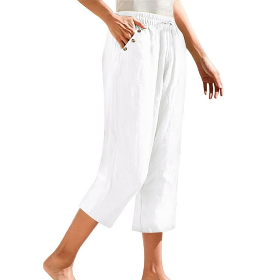 Prolriy Capri Pants for Women Linen Pants Petite Summer Casual Cotton Straight Leg Cropped Pants with Button Pockets Women's Pants White S