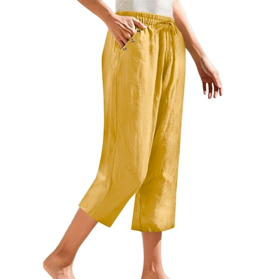 Prolriy Capri Pants for Women Linen Pants Petite Summer Casual Cotton Straight Leg Cropped Pants with Button Pockets Women's Pants Yellow S