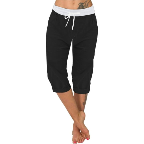 Prolriy Capri Pants for Women, Women's Cotton and Linen Double Pocket Elastic Waist Quarter Pants Women's Pants Black XL