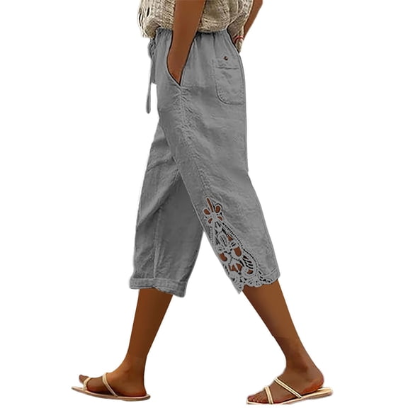 Prolriy Capri Pants for Women, Women's Fashion Solid Color Cotton Linen Elastic Seven Pants Beach Casual Pants Linen Women's Pants Grey XL