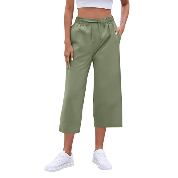 Prolriy Capri Pants for Women, Women's Solid Color Loose Seven Quarter Pants Long Pants with Slit Cuffs and Casual Pants Women's Pants Green S