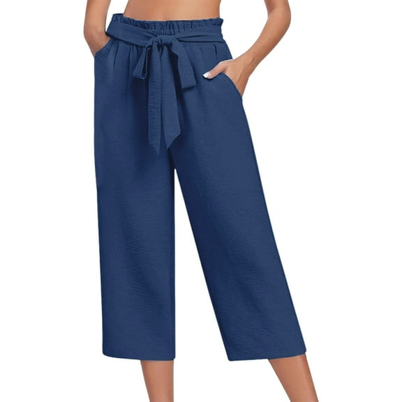 Prolriy Capri Pants for Women, Women's Spring/Summer Casual Fashion Wide Leg Pants with Bow Tie Seven Quarter Pants Women's Pants Navy XL