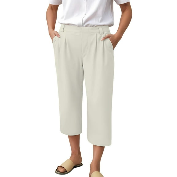 Prolriy Capri Pants for Women, Womens Pants Casual Cropped Elastic Waist Summer Trousers 3/4 Length Pant with Pockets Women's Pants White S