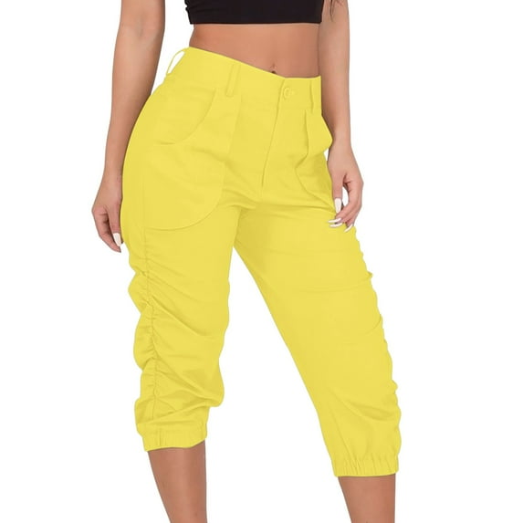 Prolriy Capris Pants for Women, Womens Cargo Trousers Cargo Pants with Pocket High Waist Jogging Bottoms Solid Color Summer Trousers Leisure Trousers Paperbag Work Trousers Womens Pants Yellow S