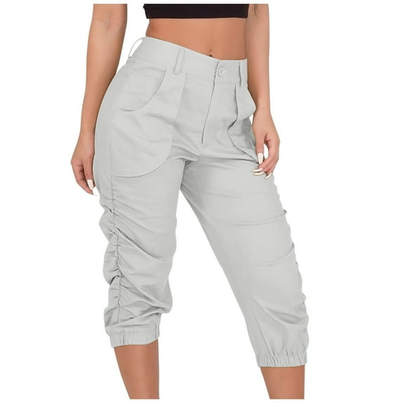 Prolriy Capris Pants for Women Rrousers Loose Casual Women's Pants Cropped Foot Pocket Beam Shorts Pants Womens Pants White M