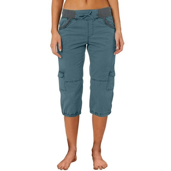 Prolriy Cargo Pants Women, Women's Color Blocking Elastic Waist Multi Pocket Loose Work Casual Pants Capri Pants for Women Blue S