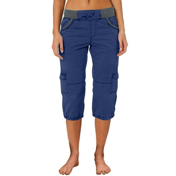 Prolriy Cargo Pants Women, Women's Color Blocking Elastic Waist Multi Pocket Loose Work Casual Pants Capri Pants for Women Dark Blue XL