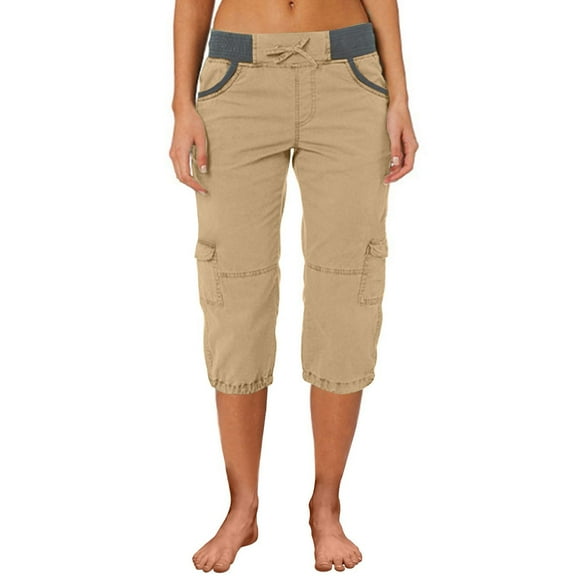 Prolriy Cargo Pants Women, Women's Color Blocking Elastic Waist Multi Pocket Loose Work Casual Pants Capri Pants for Women Khaki S