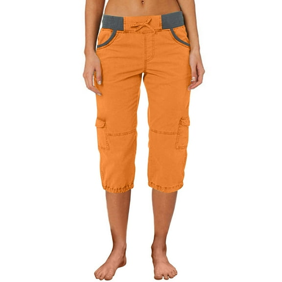Prolriy Cargo Pants Women, Women's Color Blocking Elastic Waist Multi Pocket Loose Work Casual Pants Capri Pants for Women Orange S