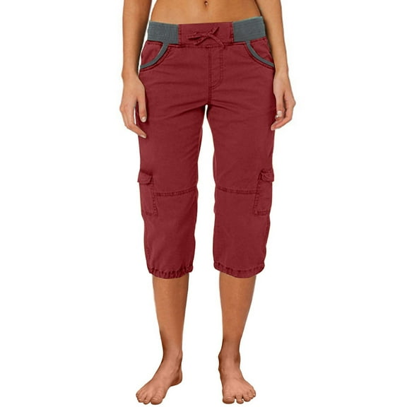 Prolriy Cargo Pants Women, Women's Color Blocking Elastic Waist Multi Pocket Loose Work Casual Pants Capri Pants for Women Wine S