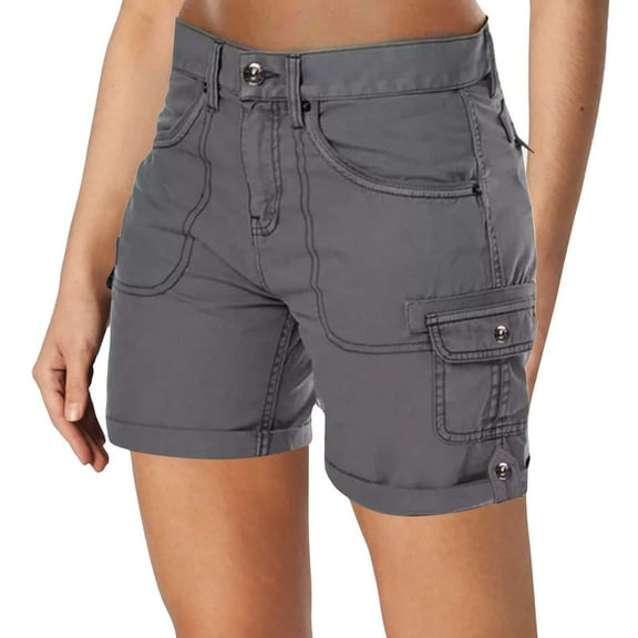 Prolriy Cargo Shorts Women, Women's Fashionable and Casual Retro Outdoor High Waist Solid Color Pocket Pants Womens Shorts Grey XL
