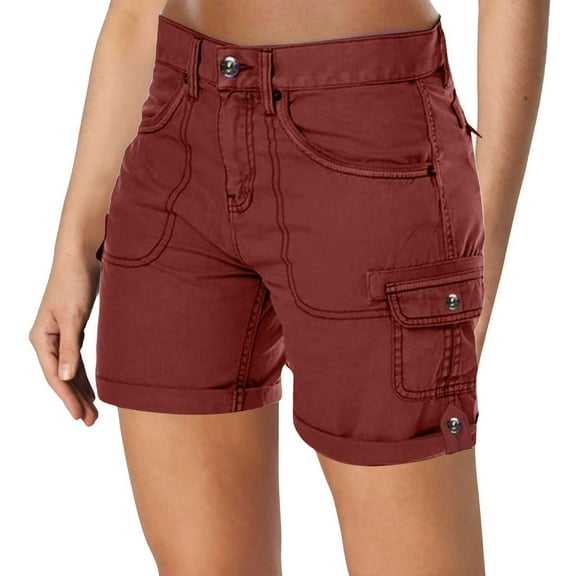 Prolriy Cargo Shorts Women, Women's Fashionable and Casual Retro Outdoor High Waist Solid Color Pocket Pants Womens Shorts Red XXXL