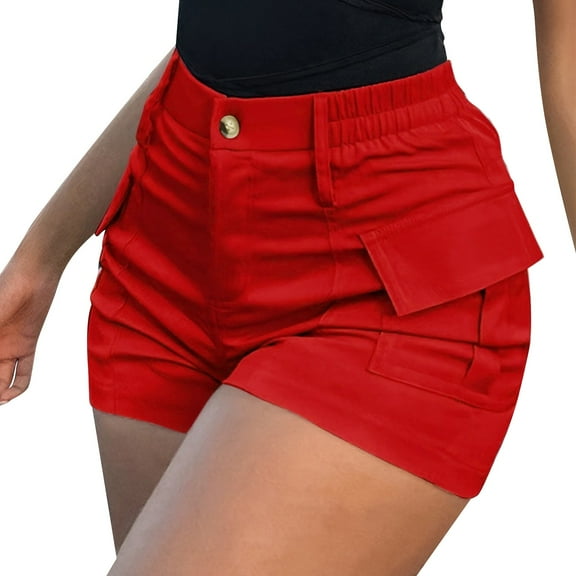 Prolriy Cargo Shorts Women, Women's High Waist Button Streetwear Cargo Shorts with Pockets Women's Shorts Red S