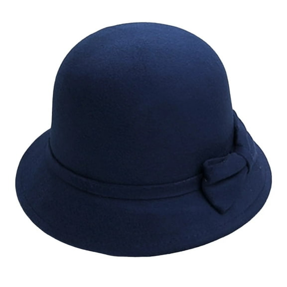 Prolriy Church Hats for Women Solid Color Wide Brim Round Dome Warm Woolen Hat Women Autumn Winter Elegant Bowknot Decor Fedora Hat Daily Wear Cloche Fedora Hats for Women Blue