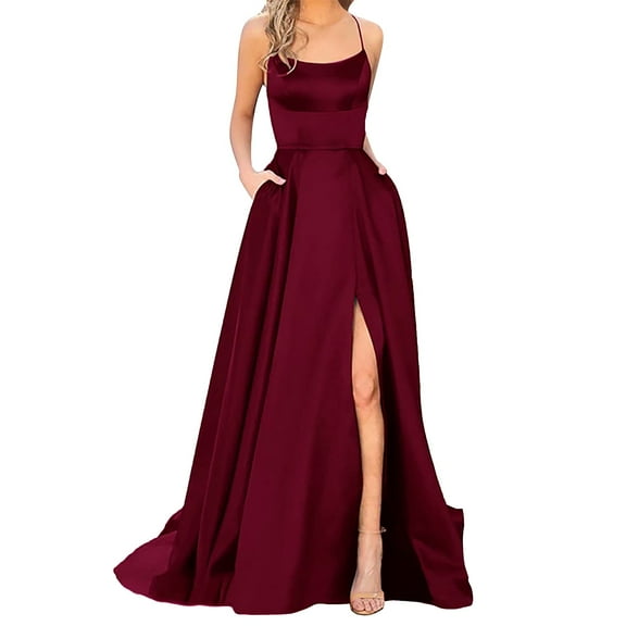 Prolriy Cocktail Dress Prom Dresses Ladies Long Women Elegant Backless Long Dresses Satin Dress Side Slit Wedding Dress with Pockets Evening Party Dresses for Women 2024 New Years Eve Dress Red XXL