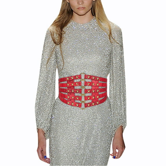 Prolriy Corset Belts for Women, Women's Fashion Vintage Wide Waist Belt Elastic Stretch Belts with Interlock Buckle Womens Belt Red One Size