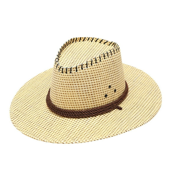 Prolriy Cowboy Hat Adult Casual Plaid Summer Western Fashion Cowboy Sun Hat Wide Brim Travel Sun Cap Cowgirl Hat Beige