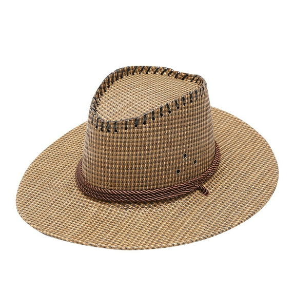 Prolriy Cowboy Hat Adult Casual Plaid Summer Western Fashion Cowboy Sun Hat Wide Brim Travel Sun Cap Cowgirl Hat Coffee