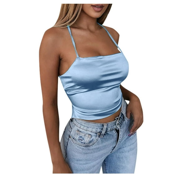 Prolriy Crop Tops for Women Lace Women's Fabric Slim Crop Backless Club Top Imitated Up Fit Party Silk Women's Blouse Summer Tops for Women Trendy Womens Tops Blue L
