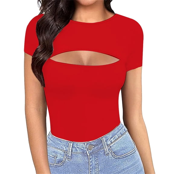 Prolriy Date Outfits, Summer Tops Short Sleeve Shirts for Women Sexy Tops Y2K Shirts Cutout Tops Womens Tops Red XL