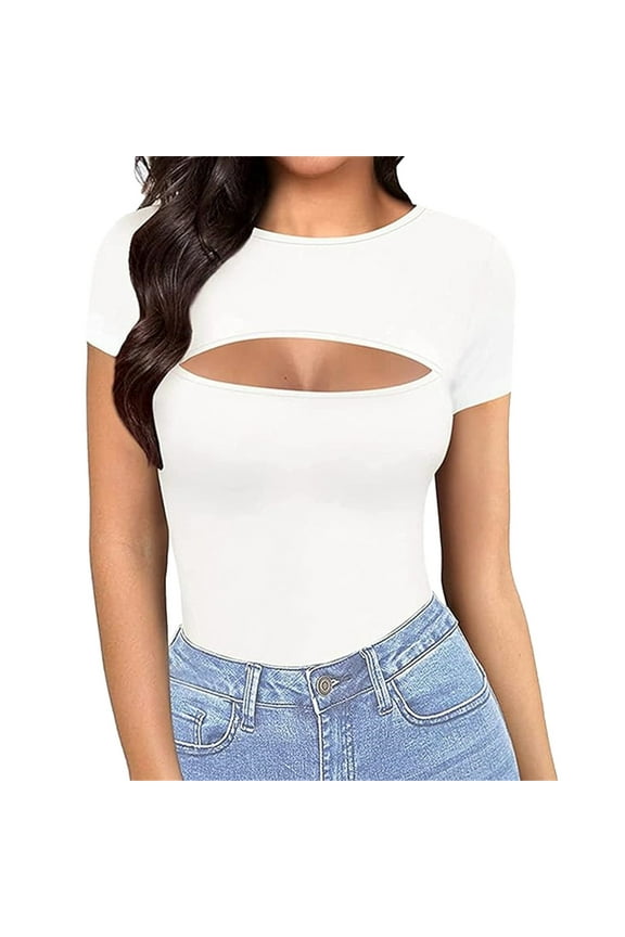 Date Outfits, Summer Tops Short Sleeve Shirts for Women Sexy Tops Y2K Shirts Cutout Tops Womens Tops White S