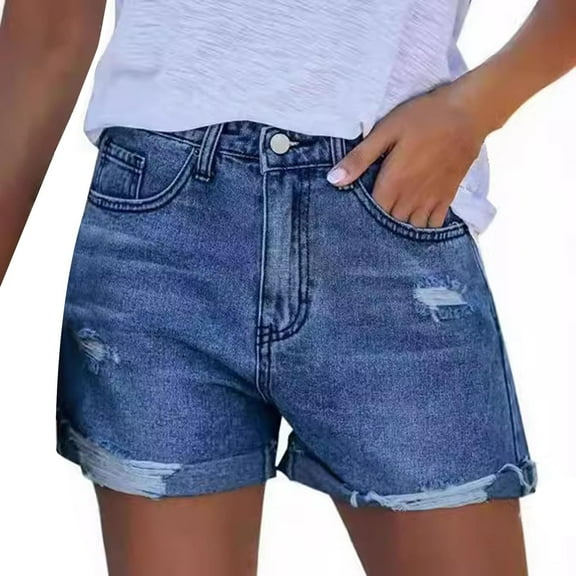 Prolriy Denim Shorts Women, Women's Ripped Pocket Jeans with Rolled Edge Casual Shorts Plus Size Shorts Dark Blue XL