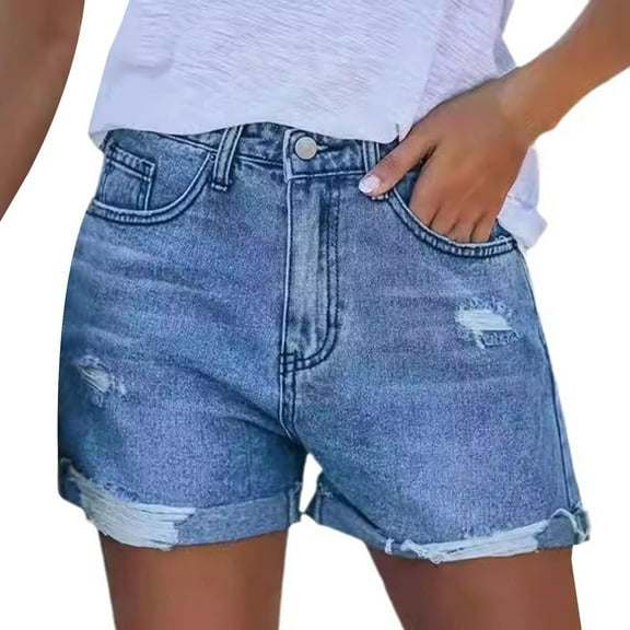 Prolriy Denim Shorts Women, Women's Ripped Pocket Jeans with Rolled Edge Casual Shorts Plus Size Shorts Light Blue XXL