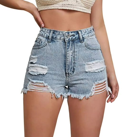 Prolriy Denim Shorts Women, Women's Ripped Pocket Jeans with Rolled Edge Casual Shorts Womens Shorts Light Blue S