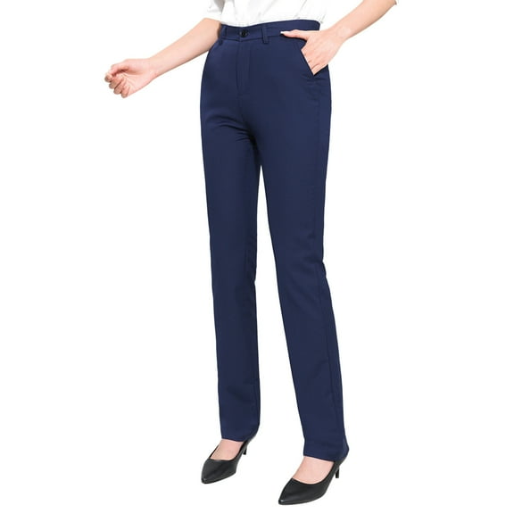 Prolriy Dress Pants Women, Women's Work Straight High Waist Chinos Button Down Straight Long Trousers Pants Pants Suit Pants Work Pants for Women Dark Blue XL