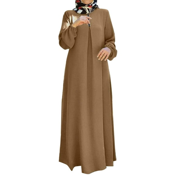 Prolriy Dresses for Women 2024 Women Polka Dot Print Muslim Dress Long Sleeves Prayer Clothes Womens Dresses Brown S