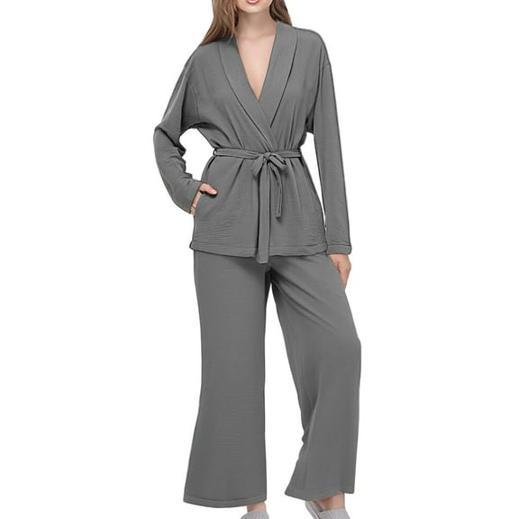 Prolriy Fall Outfits, Women's 2 Piece Outfit Casual Tie Knot Wrap V Neck Long Sleeve Shirt Pants Set Lounge Sets for Women Grey S