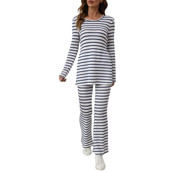 Prolriy Fall Outfits, Women's 2 Piece Outfit Striped V Neck Long Sleeve Tops and Wide Leg Pants Knit Set Lounge Sets for Women Blue S
