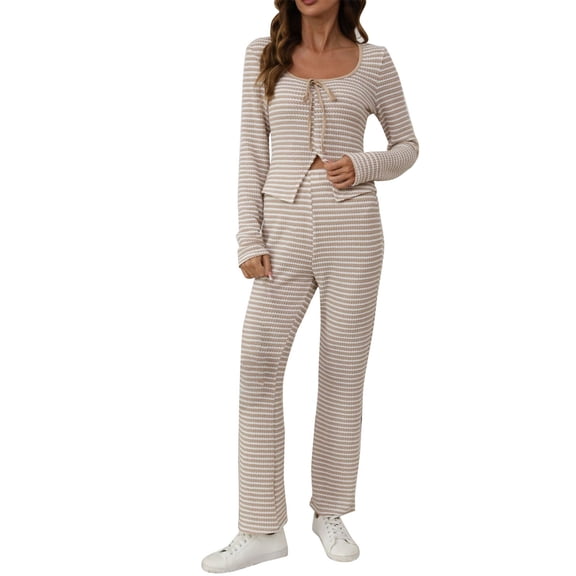Prolriy Fall Outfits, Women's Crochet Hook Set with Front Opening Stripes and Knitted 2 Piece Clothing Lounge Sets for Women Beige M