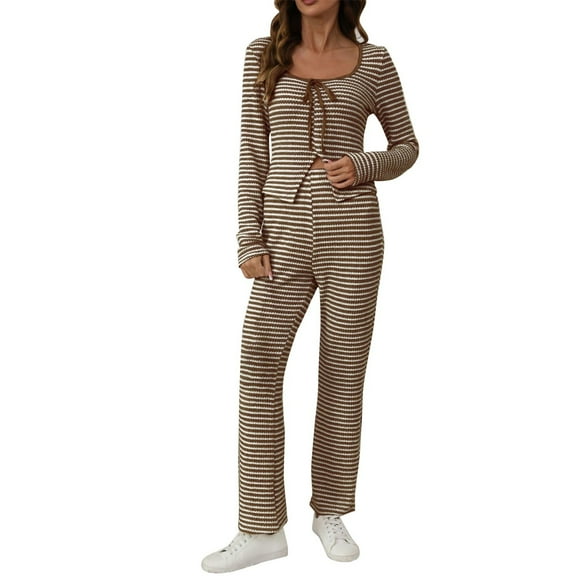 Prolriy Fall Outfits, Women's Crochet Hook Set with Front Opening Stripes and Knitted 2 Piece Clothing Lounge Sets for Women Khaki S