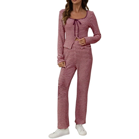 Prolriy Fall Outfits, Women's Crochet Hook Set with Front Opening Stripes and Knitted 2 Piece Clothing Lounge Sets for Women Wine M